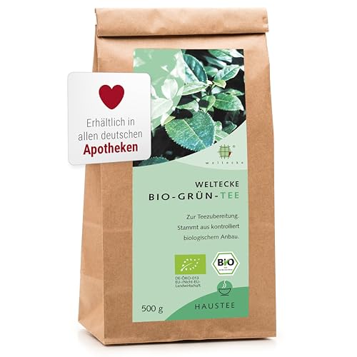 Weltecke Bio-Grün-Tee 500 g | Frisch in Deutschland abgefüllt | Veganer Tee mit mild-herbem Aroma | Organic Green Tea mit Koffein | Grüner-Tee lose von Weltecke