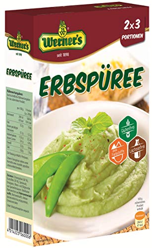 Werner´s Erbspüree 2x3 Portionen, 8 Packungen im Karton, Glutenfrei, laktosefrei, ohne Farbstoffe. Portion (ca. 200 g) entspricht 136,2 kcal Mikrowellengeeignet. Packungsinhalt: 2 x 3 Portionen, von Werner's
