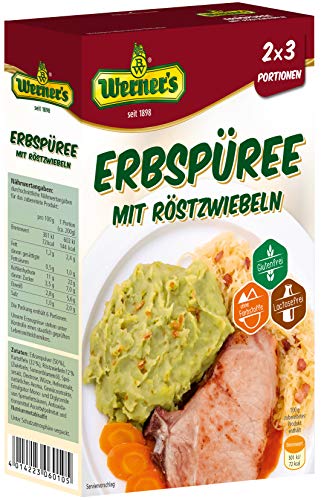 Werner´s Erbspüree mit Röstzwiebeln, 2x3 Portionen, 8 Packungen pro Karton, Glutenfrei, laktosefrei, ohne Farbstoffe, ohne zugesetzte Aromen, Mikrowellengeeignet, von Werner's