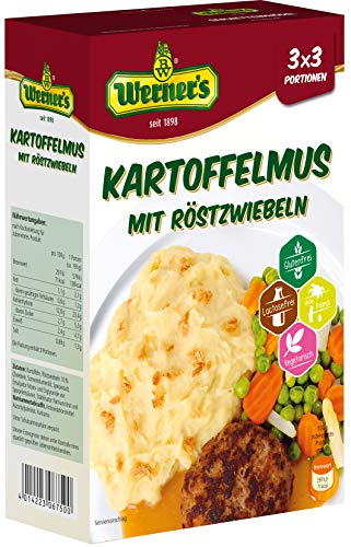Werner´s Kartoffelmus/püree mit Röstzwiebeln, 3x3 Portionen (6 Packungen/Karton) - glutenfrei - laktosefrei, ohne Farbstoffe, ohne zugesetzte Aromen, Mikrowellengeeignet, von Werner's