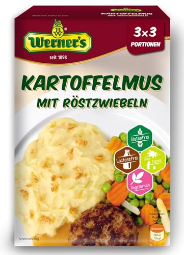 Werner´s Kartoffelmus/püree mit Röstzwiebeln, 3x3 Portionen (6 Packungen/Karton) - glutenfrei - laktosefrei, ohne Farbstoffe, ohne zugesetzte Aromen, Mikrowellengeeignet, von Werner´s