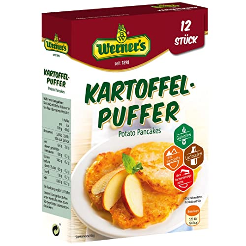 Werner´s Kartoffelpuffer 12 Stück (10 Packungen/Karton) - glutenfrei, laktosefrei, ohne Farbstoffe, ohne zugesetzte Aromen, 1 Kartoffelpuffer entspricht 67 kcal von Werner´s
