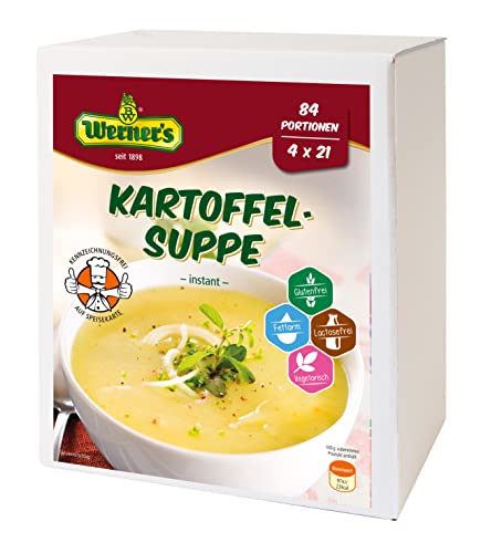 Werner´s Kartoffelsuppe - instant - Großgebinde, 4 x 0,5 kg in einem Karton, entspricht: 4 x 21 Portionen, glutenfrei, laktosefrei, fettarm, für Vegetarier geeignet, 1 Portion: (250 ml) = 57 kcal! von Werner´s