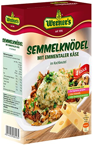 Werner´s Semmelknödel mit Emmentaler Käse, 4 Stück im Kochbeutel, 6 Packungen pro Karton, ohne Farbstoffe, für Vegetarier geeignet, von Werner´s