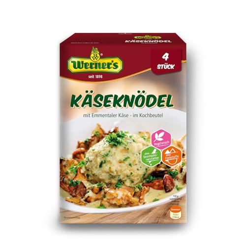 Werner´s Semmelknödel mit Emmentaler Käse, 4 Stück im Kochbeutel, 6 Packungen pro Karton, ohne Farbstoffe, für Vegetarier geeignet, von Werner's
