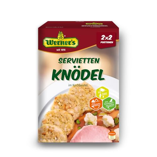 Werner´s Serviettenknödel im Kochbeutel 2x2 Portionen, 6 Packungen/Karton, ohne Farbstoffe, ohne Geschmacksverstärker. 1 Portion (ca. 135 g) entspricht 210 kcal von Werner's