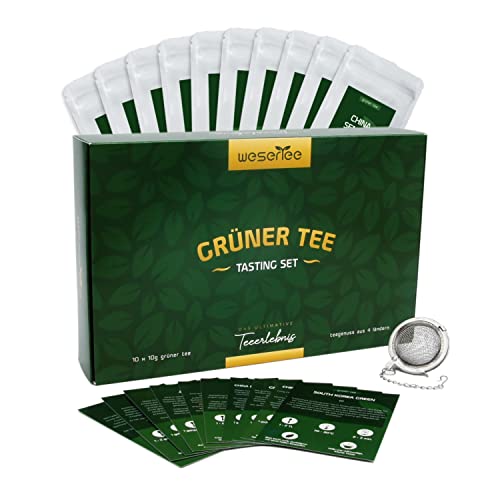 Wesertee Tea Tasting Set Grüner Tee - Tee Geschenkset zu Weihnachten mit 10 Grüntees aus aller Welt, inkl. Teeei | Luxuriöses Tee Probierset von Wesertee