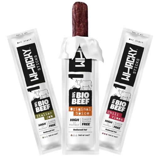 Whacky Bio Beef Sticks, 27er Mix-Pack (27x 32g) - Salami Sticks - Trockenfleisch - Eiweiß Snacks - High Protein Snack und Proteinriegel für Gym, Fitness, Outdoor - Cleane Rezeptur für Menschen von Whacky