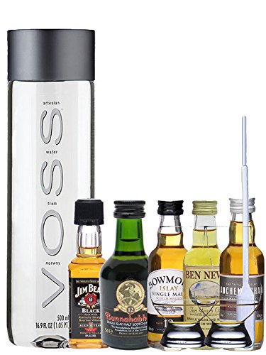 Whisky Probierset Auchentoshan 12 5cl, Ben Nevis 10 5cl, Bowmore 12 5cl, Bunnahabhain 12 5cl, Jim Beam 5cl + 500ml Voss Wasser Still, 2 Glencairn Gläser und eine Einwegpipette Whisky Probierset Auchentoshan 12 5cl, Ben Nevis 10 5cl, Bowmore 12 5cl, Bunnahabhain 12 5cl, Jim Beam 5cl + 500ml Voss Wasser Still, 2 Glencairn Gläser und eine Einwegpipette von Whisky Probierset