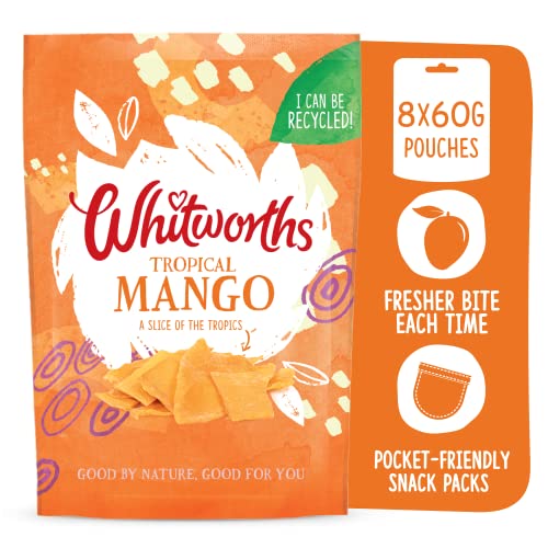 Whitworths Getrocknete Mango 8 x 60 g | Mangoscheiben ohne Zuckerzusatz | Gesunder Snack | Vegetarisch, GVO-frei, glutenfrei | 1 von 5 pro Tag von Whitworths