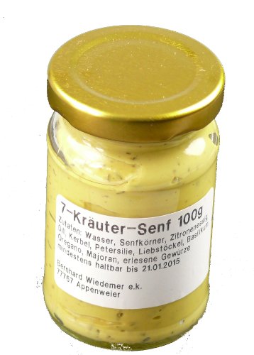 Wiedemer – erfrischender 7-Kräuter-Senf aus frischer Zubereitung mit ausgewählten natürlichen veganen Zutaten – 1 Glas á 100ml Gourmet Senf für Fisch, Salatdressing, Fleisch, Würstchen u.v.m. Wiedemer – erfrischender 7-Kräuter-Senf aus frischer Zubereitung mit ausgewählten natürlichen veganen Zutaten – 1 Glas á 100ml Gourmet Senf für Fisch, Salatdressing, Fleisch, Würstchen u.v.m. von Wiedemer