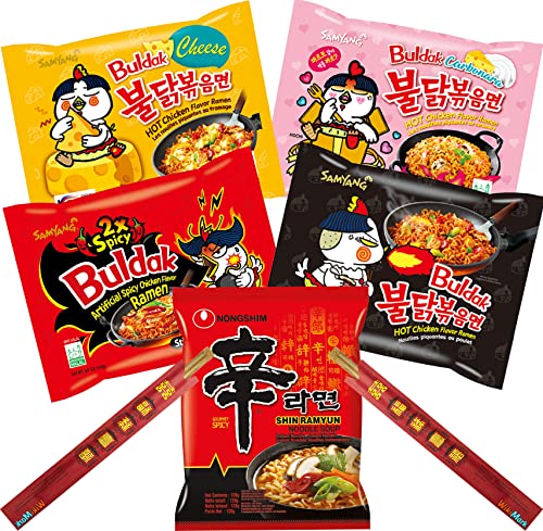 5 koreanische Ramen und 2 WikiMark Bambusstäbchen inklusive Samyang Noodles Carbonara, Samyang Cheese, Samyang Hot Chicken, Samyang Hot Taste of Korea, Nongshim Shin Ramyun Noodle Soup von WikiMark