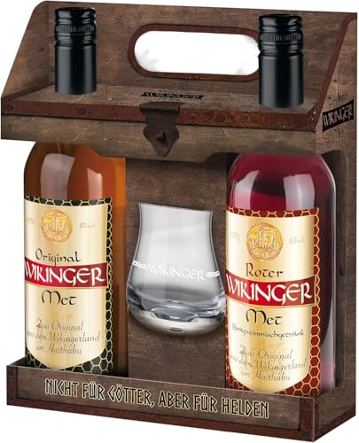 Wikinger | Lagerfeuer-Set | 2 x 0,75L |Doppelter Wikinger Met | Original & Roter Wikinger Met | inklusive Wikinger Haithabu-Glas von ebaney