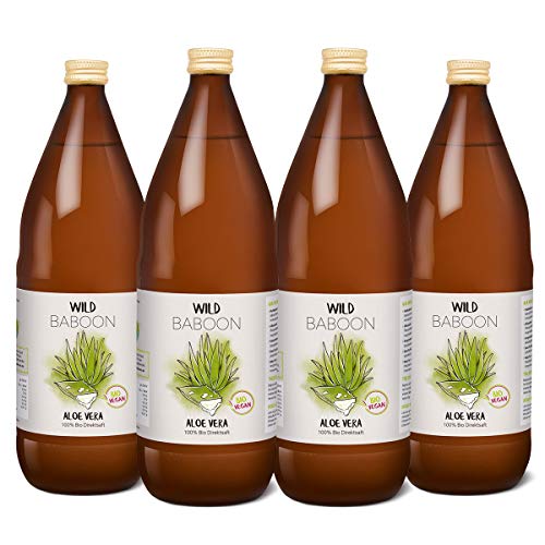 Aloe Vera Saft, 100% BIO Direktsaft, garantierte Aloverose: 1200mg/Liter, 4 x 1 Liter, nachhaltiger Anbau durch Familienbetrieb, Braunglas, Vegan, DE-ÖKO-005 von Wild Baboon