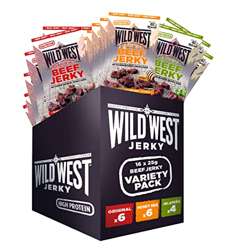 Wild West Beef Jerky, Mix Box 25g, 16er Pack mit 6x Original, 6x Honey BBQ, 4x Jalapeno, Rinderdörrfleisch, Beef Jerky high Protein Trockenfleisch, Protein Snack von WILD WEST