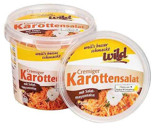 Wild - cremiger Karottensalat mit Salatmayonnaise, 400 g Becher, fein geraspelte, saftige Karotten, Zwiebelstückchen, Dressing aus Essig, Öl und Rahm Wild - cremiger Karottensalat mit Salatmayonnaise, 400 g Becher, fein geraspelte, saftige Karotten, Zwiebelstückchen, Dressing aus Essig, Öl und Rahm von Wild