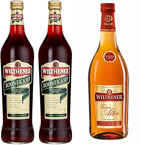 Wilthener Boonekamp, Bitter 43% vol., bewährter Tropfen aus Kräutern und Wurzeln, Bitterlikör ohne Zuckerzusatz (2 x 0.7 l) & Feiner Alter Weinbrand 36% vol., Brandy in V.S.O.P.-Qualität (1 x 0.7 l) von Wilthener