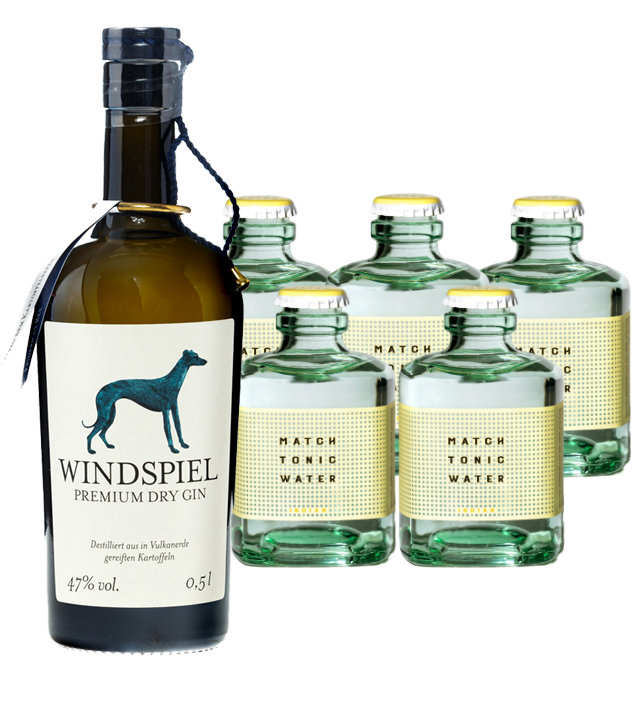 Windspiel Gin & 5 x Match Indian Tonic Set (47 % vol, 1,5 Liter) von Windspiel Manufaktur