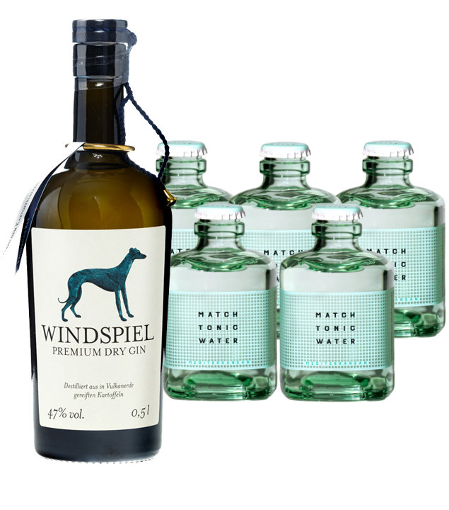 Windspiel Gin & 5 x Match Mediterranean Tonic Set (47 % vol, 1,5 Liter) von Windspiel Manufaktur