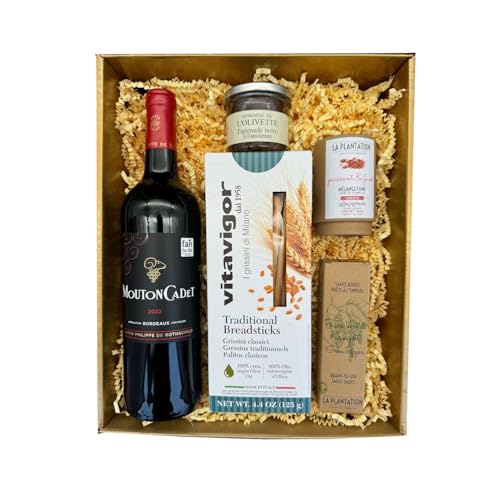 Coffret Or : Mouton cadet Rouge - La Plantation : Mélange Fleurs de sels et épices fumées & Sauce poivre Kampot - Gressin - Tapenade Coffret Or : Mouton cadet Rouge - La Plantation : Mélange Fleurs de sels et épices fumées & Sauce poivre Kampot - Gressin - Tapenade von Wine And More