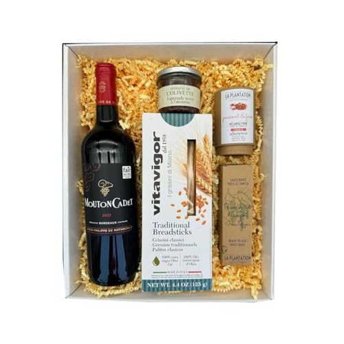 Coffret blanc : Mouton cadet Rouge - La Plantation : Mélange Fleurs de sels et épices fumées & Sauce poivre Kampot - Gressin - Tapenade Coffret blanc : Mouton cadet Rouge - La Plantation : Mélange Fleurs de sels et épices fumées & Sauce poivre Kampot - Gressin - Tapenade von Wine And More