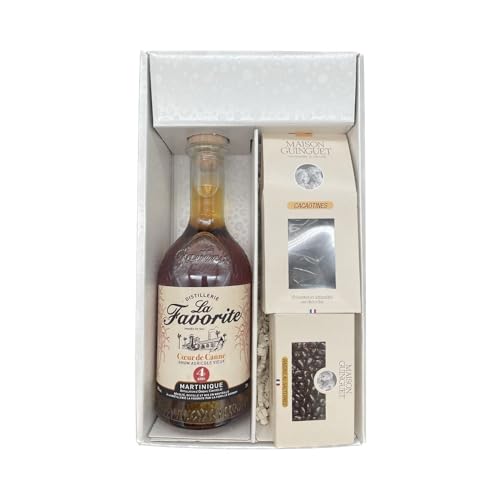 Geschenkbox Weiß - Rum - Favorite Cœur de Canne vieux 4 ans – Cacaotines (1x150g) et Raisins au sauternes (1x100g) MAISON GUINGUET von Wine And More