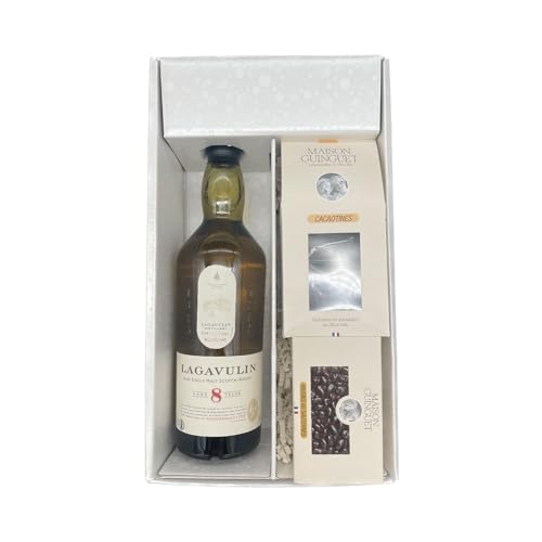 Geschenkbox Weiß - Whisky - LAGAVULIN 8 ans - Cacaotines (1x150g) et Raisins au sauternes (1x100g) MAISON GUINGUET von Wine And More