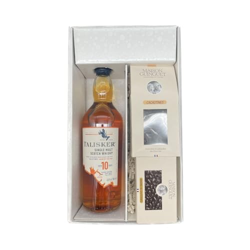 Geschenkbox Weiß - Whisky - TALISKER 10 ans - Cacaotines (1x150g) et Raisins au sauternes (1x100g) MAISON GUINGUET von Wine And More