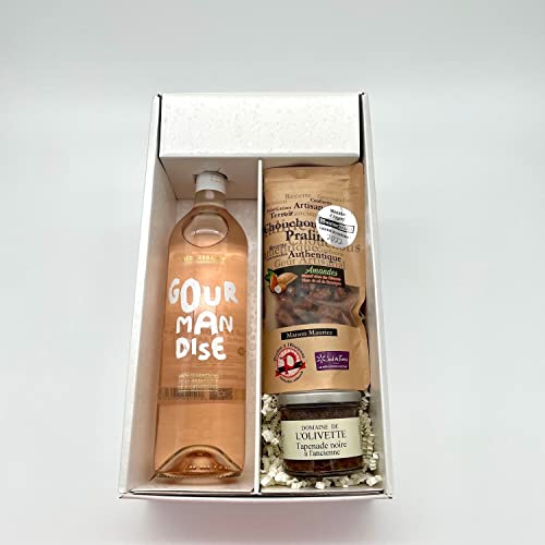 Geschenkpackung Gourmandise Rosé (1x75cl) +1 Chouchou Mandel Pralinen & Sweet Chili (100g) + 1 Tapenade schwarz (100g) von Wine And More