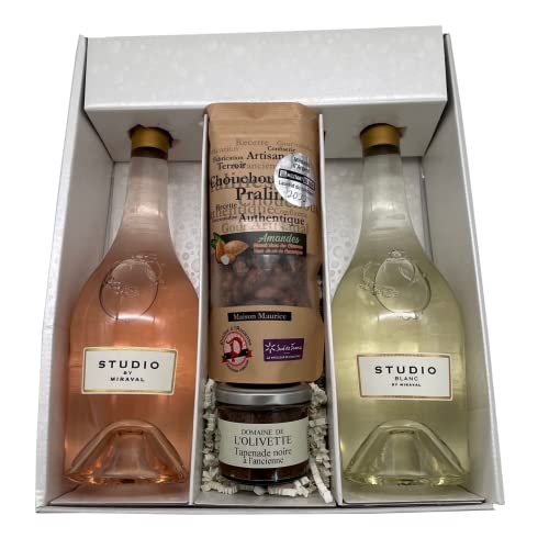 Geschenkpackung Studio Miraval Rosé & Weiß (2x75cl) +1 Chouchou Mandel Pralinen & Sweet Chili (100g) + 1 Tapenade schwarz (100g) von Wine And More