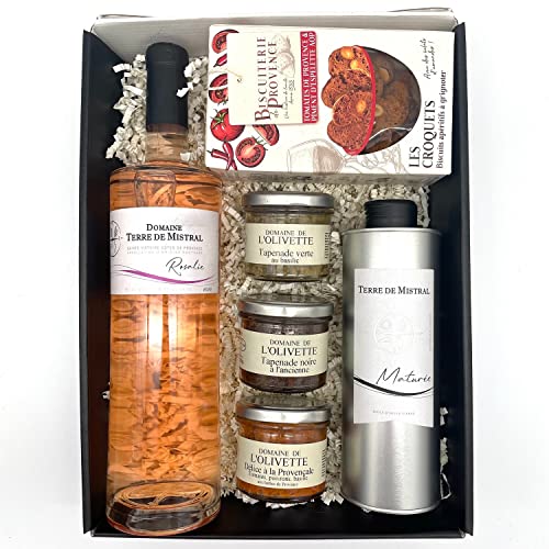 Geschenkpackung Terre de Mistral Rosé Rosalie (1x75cl) + 3 tapenades (3x100g) +1 Cracker Tomaten der Provence & Espelette-Pfeffer(90g) +1Natives Olivenöl (1x50cl) von Wine And More