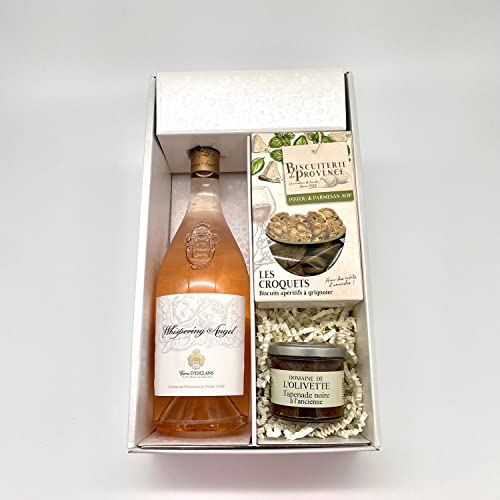 Geschenkpackung Whispering Angel Rosé +1 Cracker BISCUTERIE DE PROVENCE Pistou & Parmesankäse (90g) + 1 Tapenade schwarz (100g) von Wine And More
