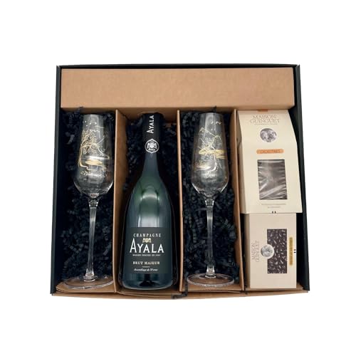 black Geschenkbox - Champagner Ayala -1 Brut - Cacaotines (1x150g) et Raisins au sauternes (1x100g) MAISON GUINGUET – 2 flûtes ANTON STUDIO DESIGN von Wine And More
