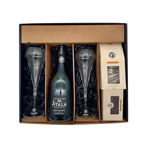 black Geschenkbox - Champagner Ayala -1 Brut - Cacaotines (1x150g) et Raisins au sauternes (1x100g) MAISON GUINGUET – 2 flûtes CHEF SOMMELIER von Wine And More