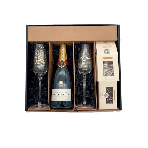 black Geschenkbox - Champagner Bollinger -1 Brut - Cacaotines (1x150g) et Raisins au sauternes (1x100g) MAISON GUINGUET – 2 flûtes ANTON STUDIO DESIGN von Wine And More