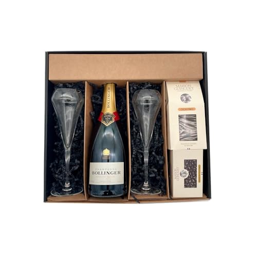 black Geschenkbox - Champagner Bollinger -1 Brut - Cacaotines (1x150g) et Raisins au sauternes (1x100g) MAISON GUINGUET – 2 flûtes CHEF SOMMELIER von Wine And More