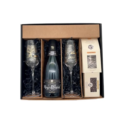 black Geschenkbox - Champagner Marquis de Pomereuil -1 Brut - Cacaotines (1x150g) et Raisins au sauternes (1x100g) MAISON GUINGUET – 2 flûtes ANTON STUDIO DESIGN von Wine And More