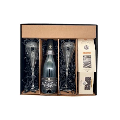 black Geschenkbox - Champagner Marquis de Pomereuil -1 Brut - Cacaotines (1x150g) et Raisins au sauternes (1x100g) MAISON GUINGUET – 2 flûtes CHEF SOMMELIER von Wine And More