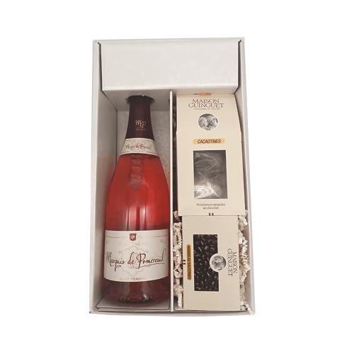 Weiße Geschenkbox - Champagner Marquis de Pomereuil -1 Rosé - Cacaotines (1x150g) et Raisins au sauternes (1x100g) MAISON GUINGUET von Wine And More