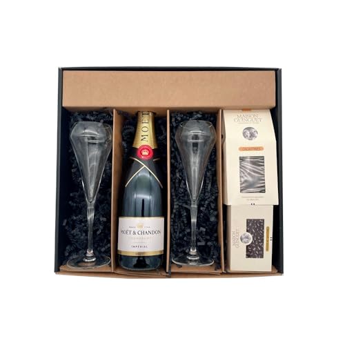 black Geschenkbox - Champagner Moët & Chandon Impériale -1 Brut - Cacaotines (1x150g) et Raisins au sauternes (1x100g) MAISON GUINGUET – 2 flûtes CHEF SOMMELIER von Wine And More