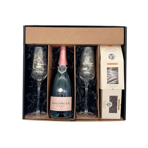 black Geschenkbox - Champagner Moët & Chandon Impériale -1 Rosé - Cacaotines (1x150g) et Raisins au sauternes (1x100g) MAISON GUINGUET – 2 flûtes ANTON STUDIO DESIGN von Wine And More