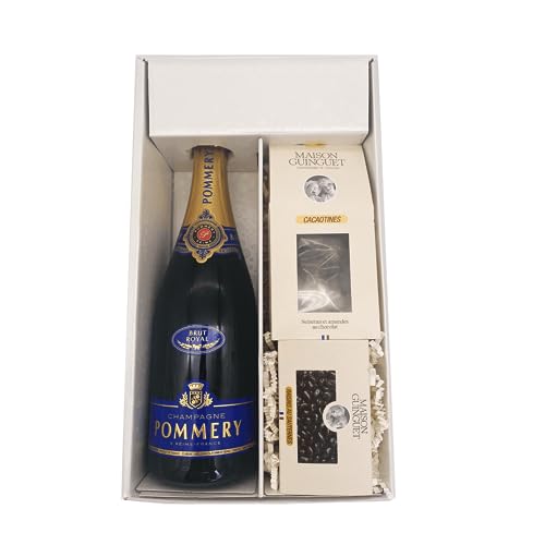 Weiße Geschenkbox - Champagner Pommery -1 Brut - Cacaotines (1x150g) et Raisins au sauternes (1x100g) MAISON GUINGUET von Wine And More