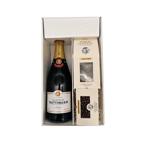 Weiße Geschenkbox - Champagner Taittinger -1 Brut - Cacaotines (1x150g) et Raisins au sauternes (1x100g) MAISON GUINGUET von Wine And More