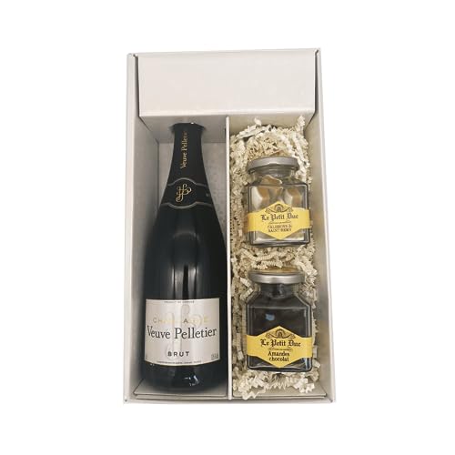 Weiße Geschenkbox - Champagner Veuve Pelletier - Brut 1 Brut - 1 pot de Calissons & 1 pot d'Amandes enrobées LE PETIT DUC von Wine And More