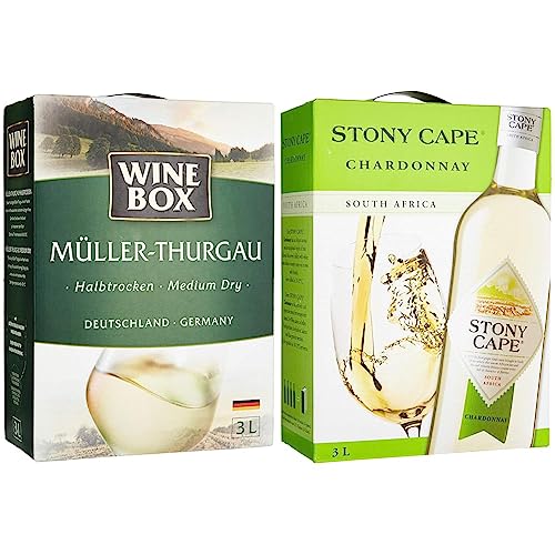 Wine Box Müller-Thurgau Landwein Rhein halbtrocken Bag-in-Box (1 x 3 l) & Stony Cape Chardonnay Südafrika trocken Bag-in-Box (1 x 3 l) | 3 l (1er Pack) von WineBox