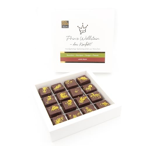 Pralinen Konfekt Prinz Wöllstein 16er Geschenk Box, Nougatpralinen, Marzipanpralinen, feine luxuriöse Pralinen HANDGEMACHT aus Meisterhand Pralinen Konfekt Prinz Wöllstein 16er Geschenk Box, Nougatpralinen, Marzipanpralinen, feine luxuriöse Pralinen HANDGEMACHT aus Meisterhand von Wöllsteins Desserthaus