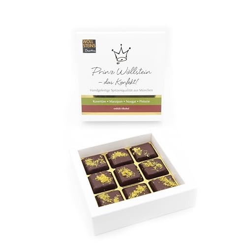 Pralinen Konfekt Prinz Wöllstein 9er Geschenk Box, feine luxuriöse Pralinen HANDGEMACHT aus Meisterhand, Nougatpralinen, Marzipanpralinen Pralinen Konfekt Prinz Wöllstein 9er Geschenk Box, feine luxuriöse Pralinen HANDGEMACHT aus Meisterhand, Nougatpralinen, Marzipanpralinen von Wöllsteins Desserthaus