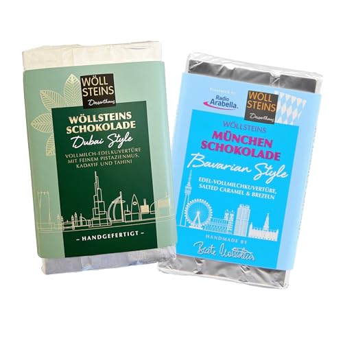 Schokoladen DUO 2 Stück exklusive Gourmet Schokoladentafeln in XXL je 195g. Dubai Style trifft München I Schokolade aus Pistazienmus, Kadayif & Tahini und Edel-Vollmilch, Salted Caramel & Brezeln. von Wöllsteins Desserthaus