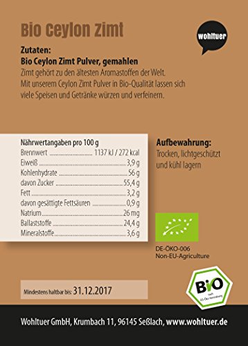 Wohltuer BIO Ceylon Zimt gemahlen – Zimtpulver I LECKER UND GESUND I 100% reines Naturprodukt (600 g) von Wohltuer