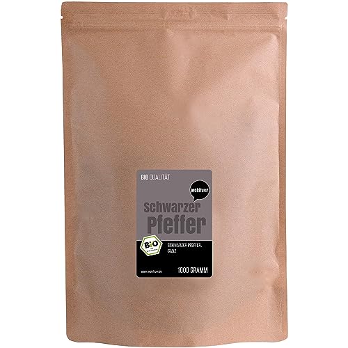 Wohltuer Bio Pfeffer schwarz, ganz 1000 g | Aromatische schwarze Pfefferkörner für die Pfeffermühle | Bioqualität aus Sri Lanka von Wohltuer